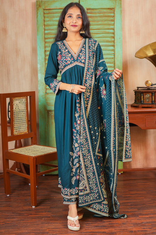 Mystic Majesty Kurta Set With Dupatta - Dark Teal