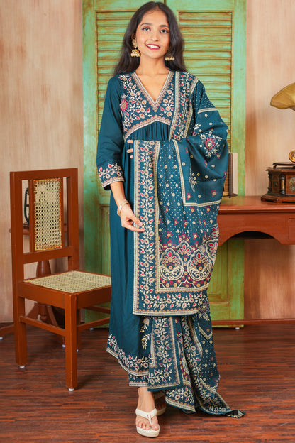 Mystic Majesty Kurta Set With Dupatta - Dark Teal