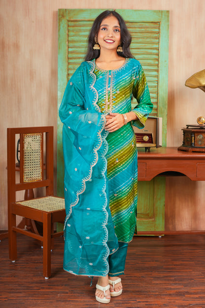 Radiant Leheriya Dreams - Blue and Green Kurta Set With Dupatta