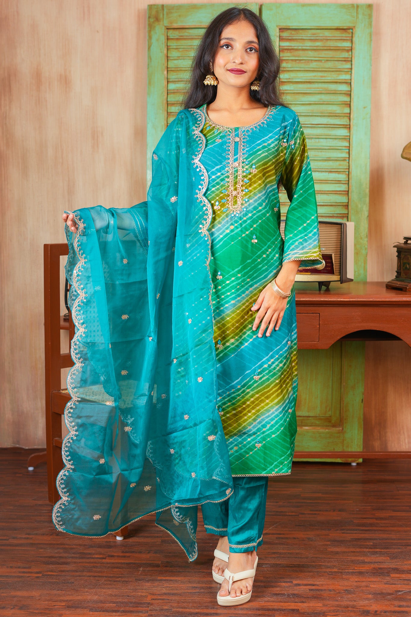 Radiant Leheriya Dreams - Blue and Green Kurta Set With Dupatta