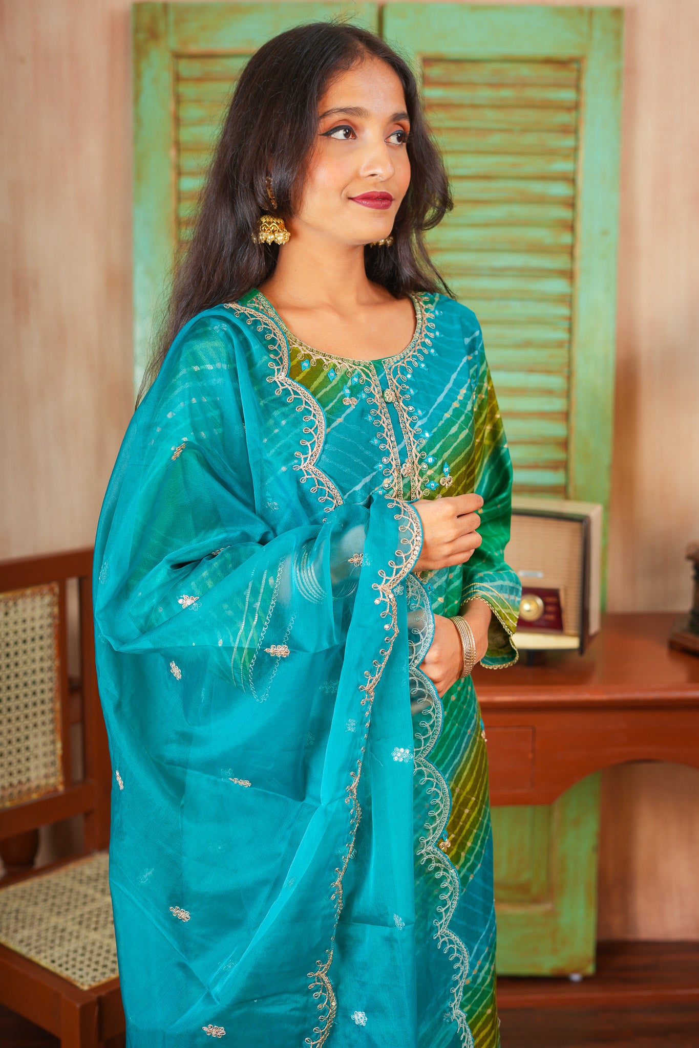 Radiant Leheriya Dreams - Blue and Green Kurta Set With Dupatta