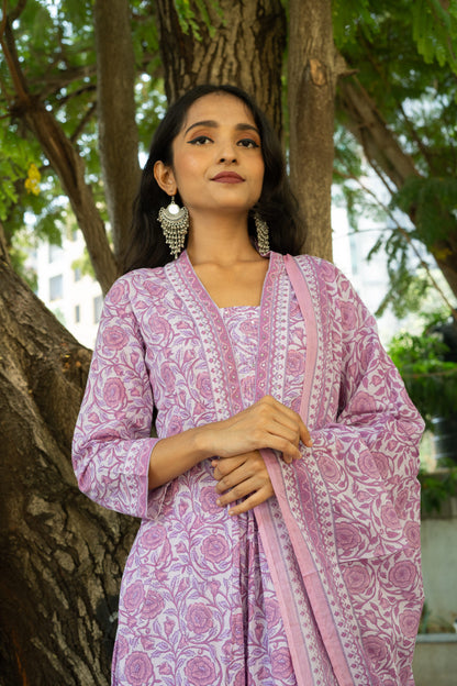 Lilac Bloom Printed Kurta Set With Dupatta