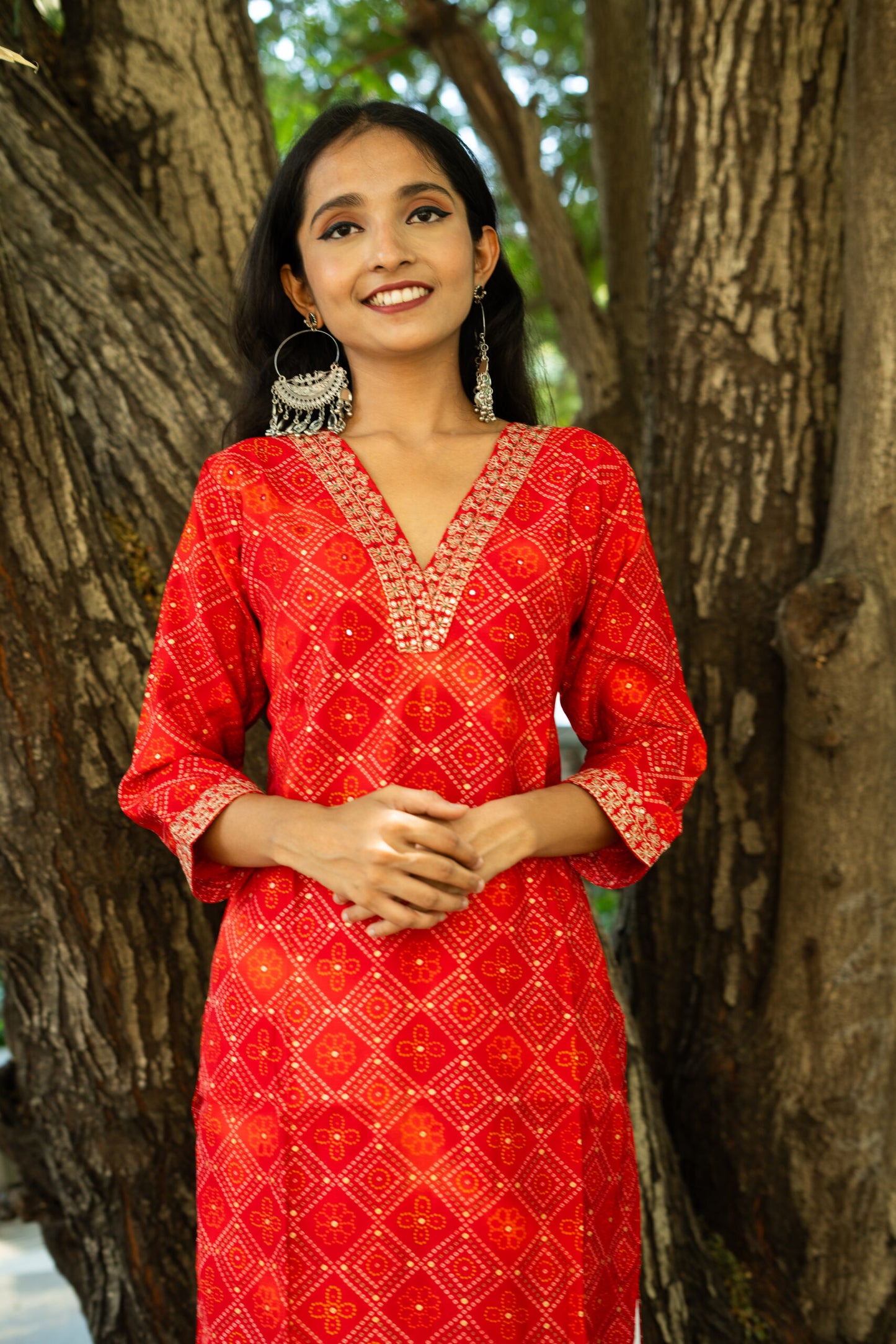 Regal Red Bandhani Printed Straight Kurti