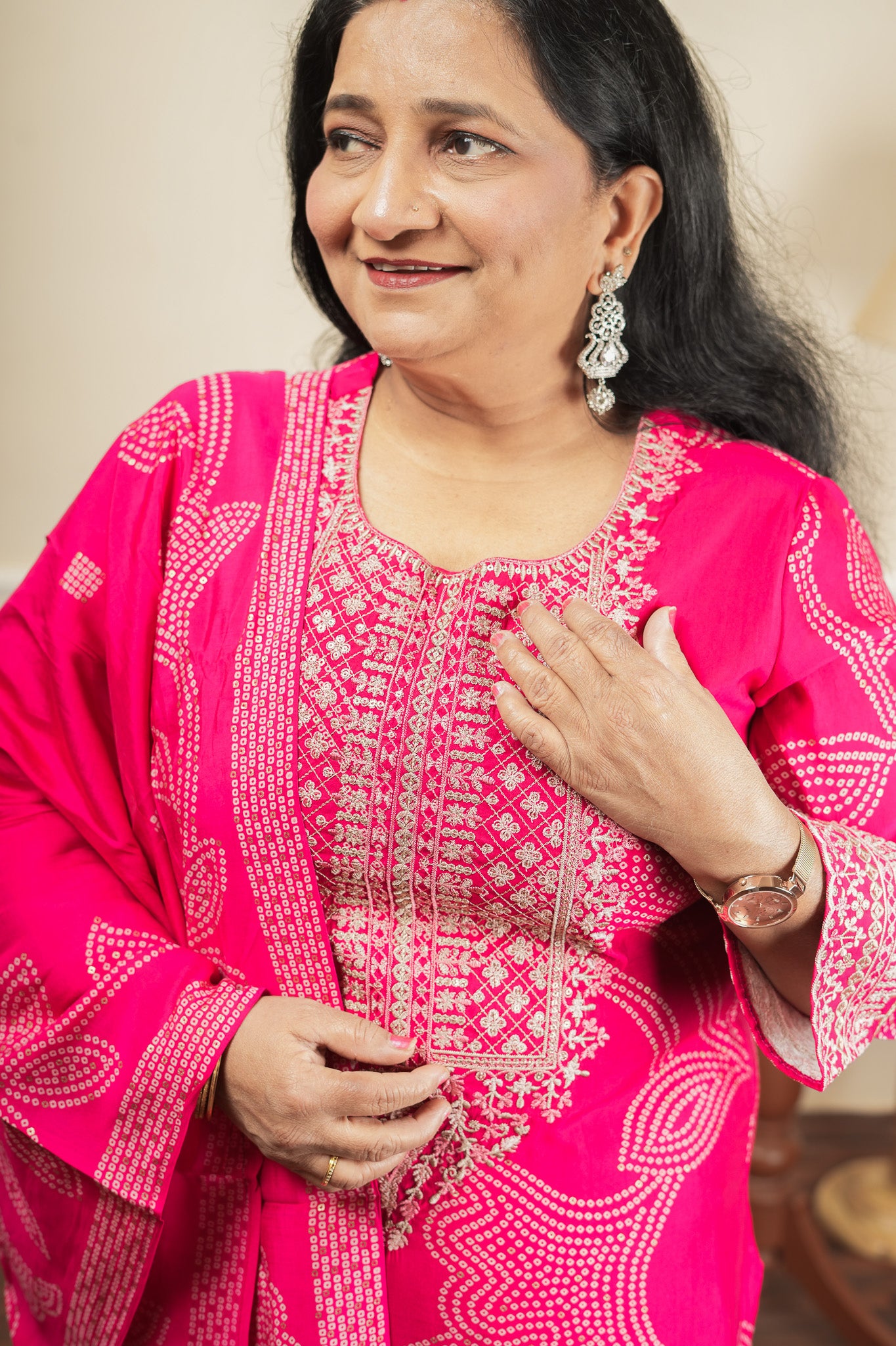 Rani's Pink Bandhej Kurta Set With Dupatta