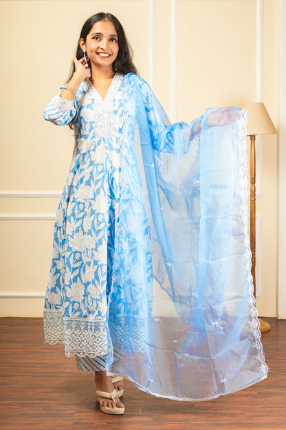 Gulab Dhara Kurta Set With Dupatta - Blue