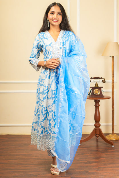 Gulab Dhara Kurta Set With Dupatta - Blue