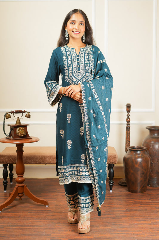 Phool Phushp Kurta Set With Dupatta - Dark Blue