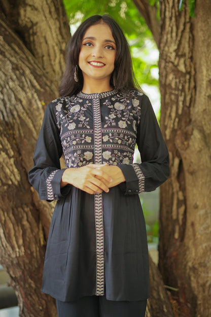 Floral Grace Peplum Kurti - Black