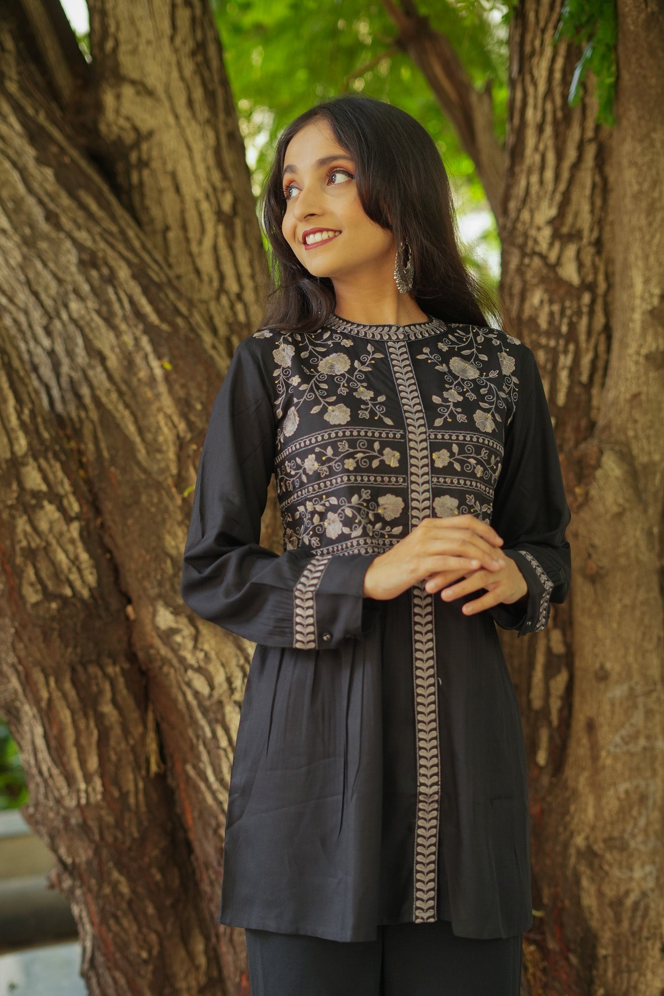 Floral Grace Peplum Kurti - Black