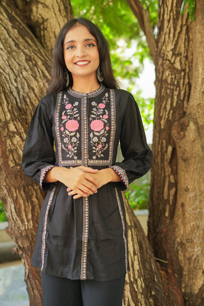 Rose Garden Embroidered Short Kurti - Black