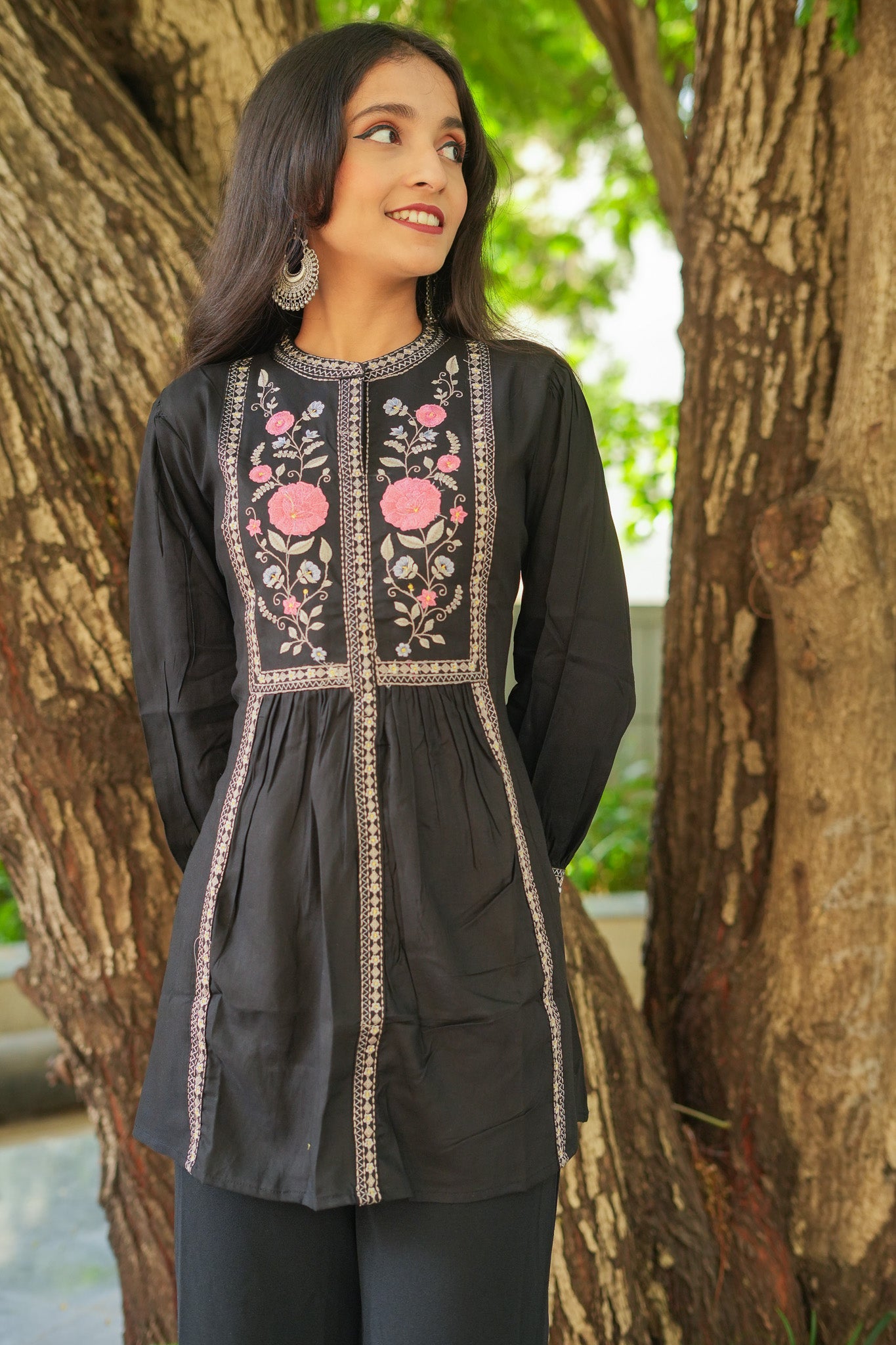 Rose Garden Embroidered Short Kurti - Black