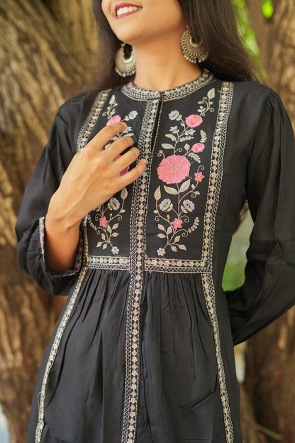 Rose Garden Embroidered Short Kurti - Black