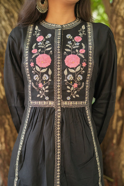 Rose Garden Embroidered Short Kurti - Black