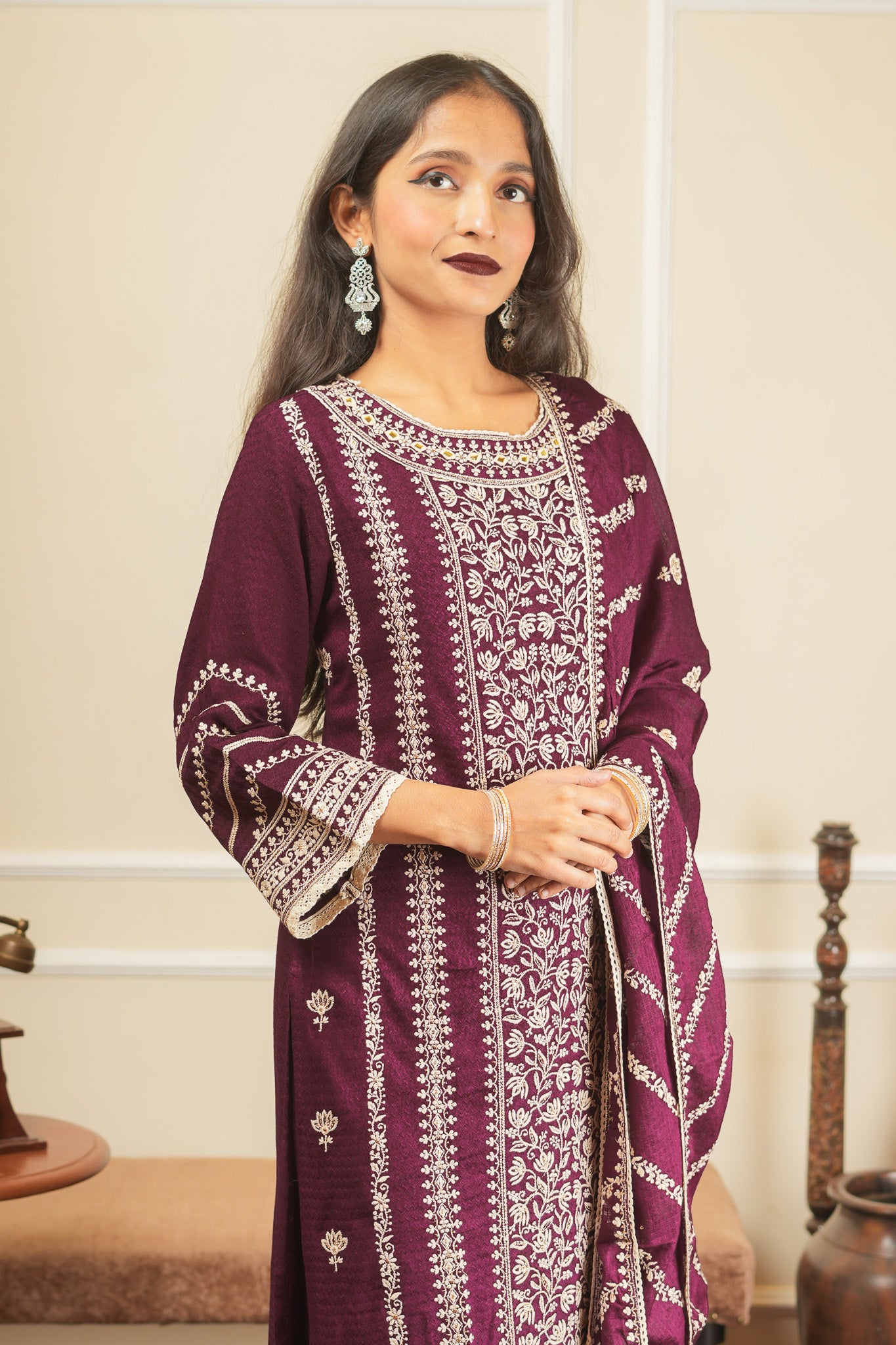 Apsara's Nirvana Kurta Set With Dupatta - Dark Wine