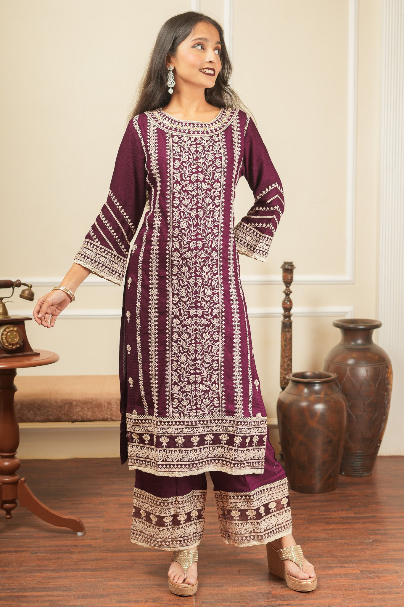 Apsara's Nirvana Kurta Set With Dupatta - Dark Wine