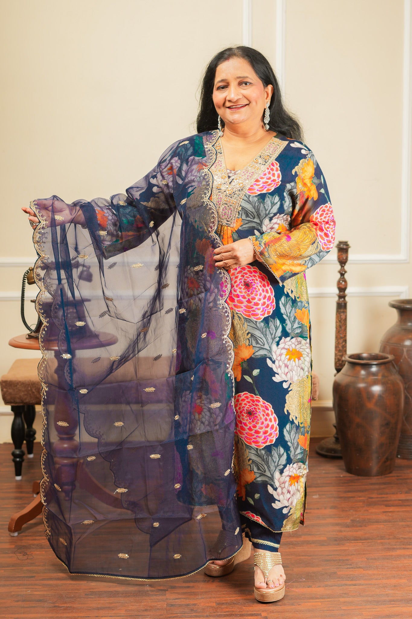 Ragini Bloom Kurta Set With Dupatta - Dark Blue