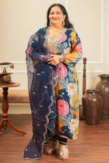 Ragini Bloom Kurta Set With Dupatta - Dark Blue