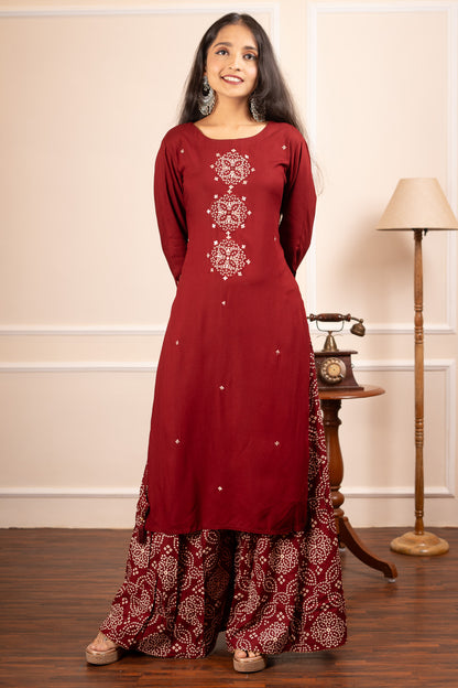 Bandhani Twirl Coord Set - Maroon