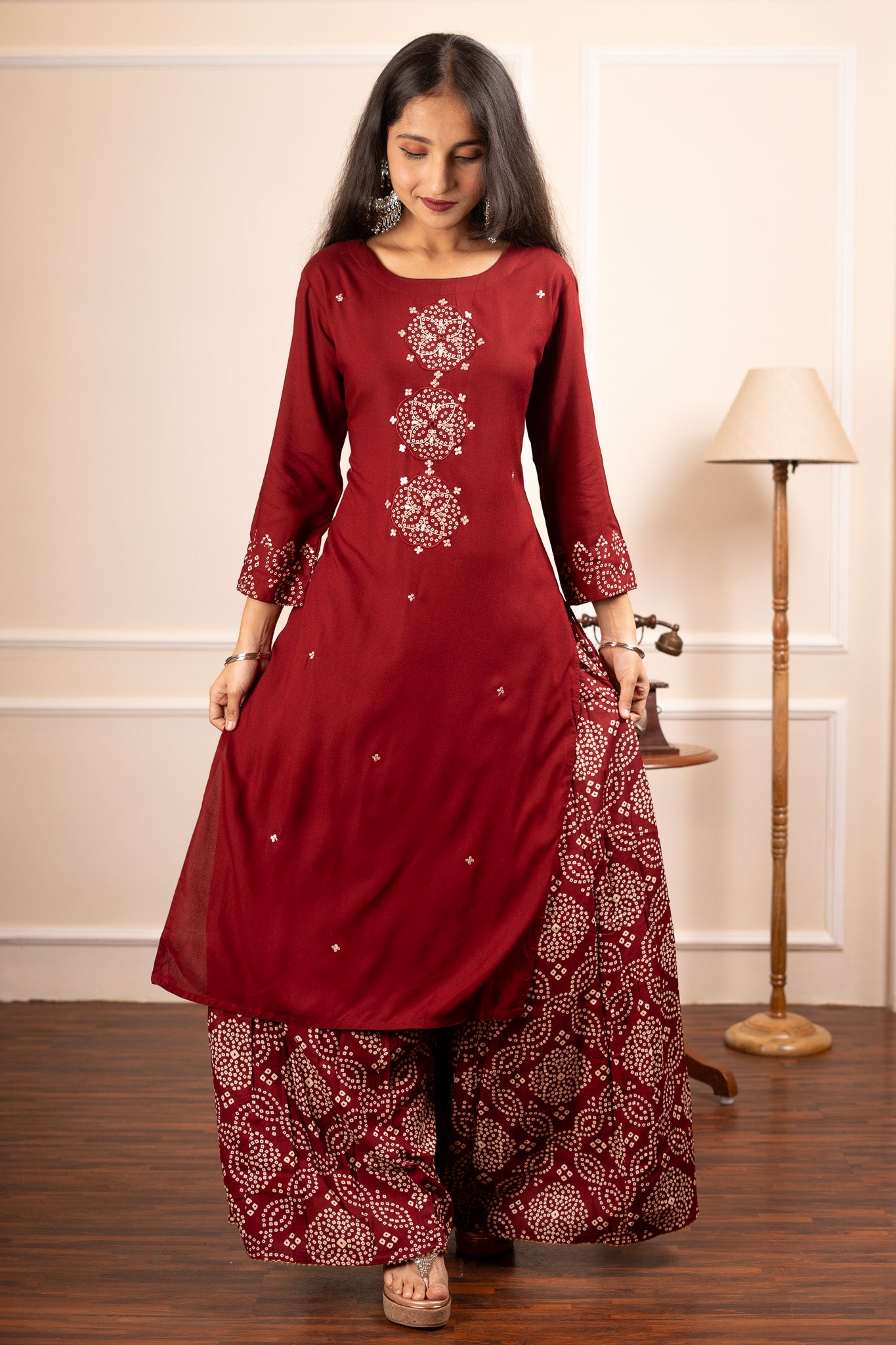 Bandhani Twirl Coord Set - Maroon