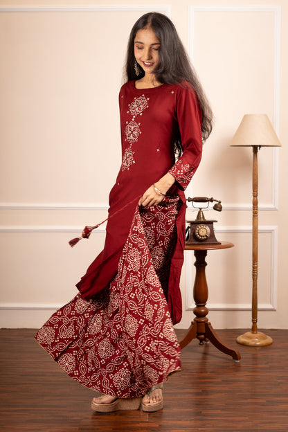 Bandhani Twirl Coord Set - Maroon