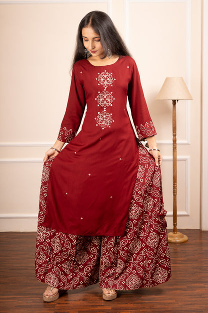 Bandhani Twirl Coord Set - Maroon