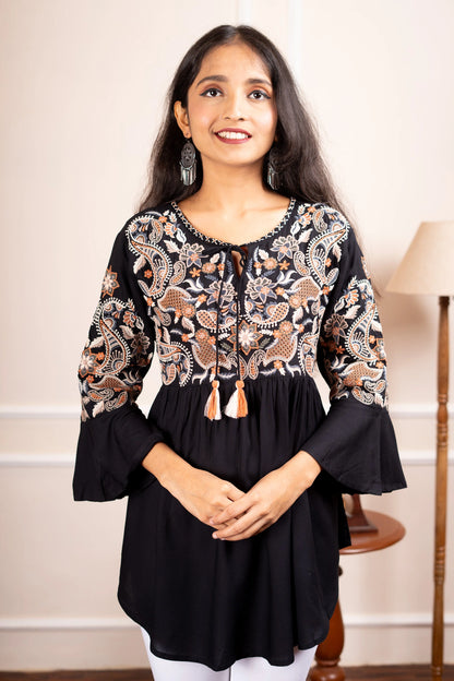Daisy Dreams Embroidered Short Kurti - Black
