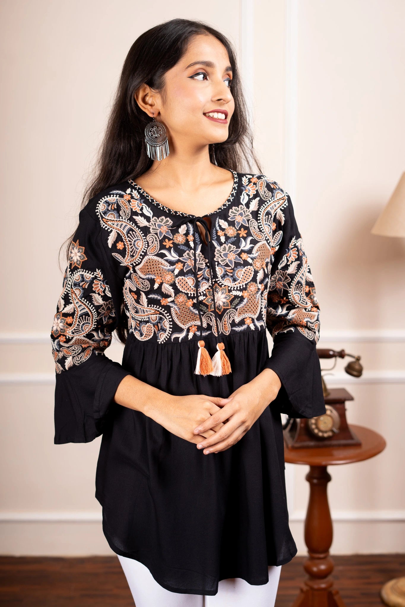 Daisy Dreams Embroidered Short Kurti - Black