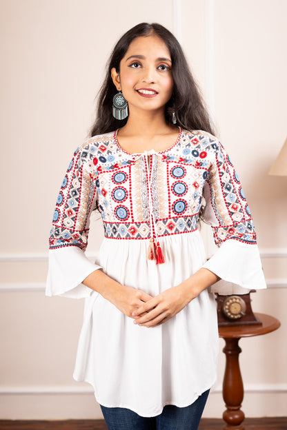 Hibiscus Harmony Short Kurti - White