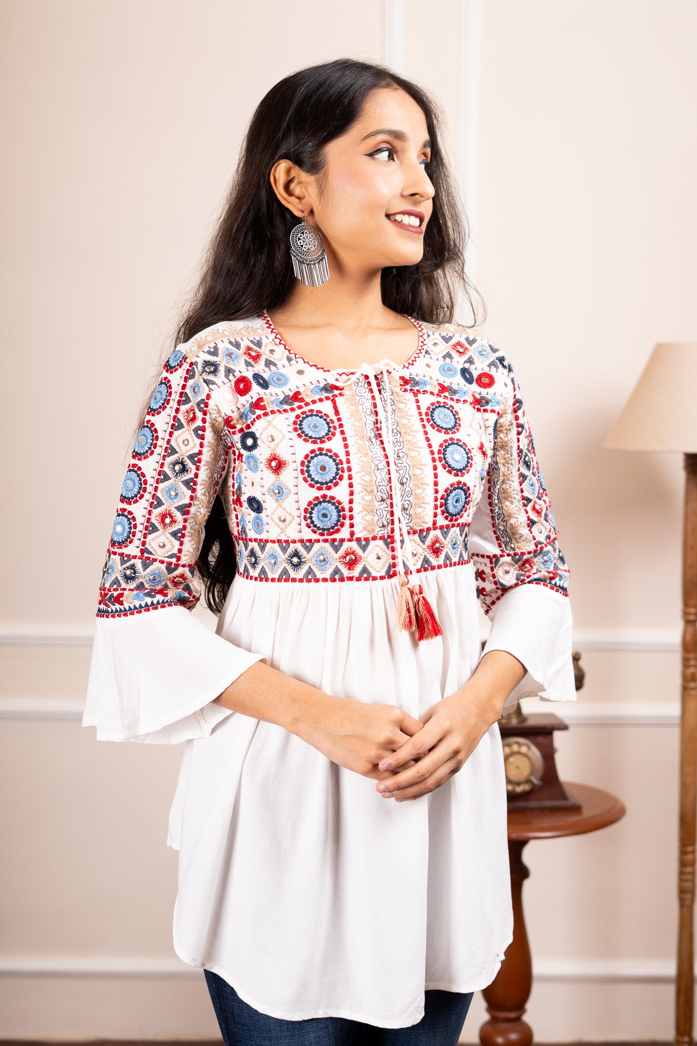 Hibiscus Harmony Short Kurti - White