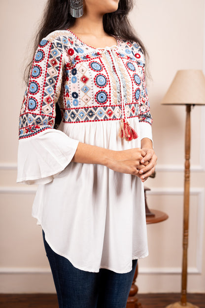 Hibiscus Harmony Short Kurti - White