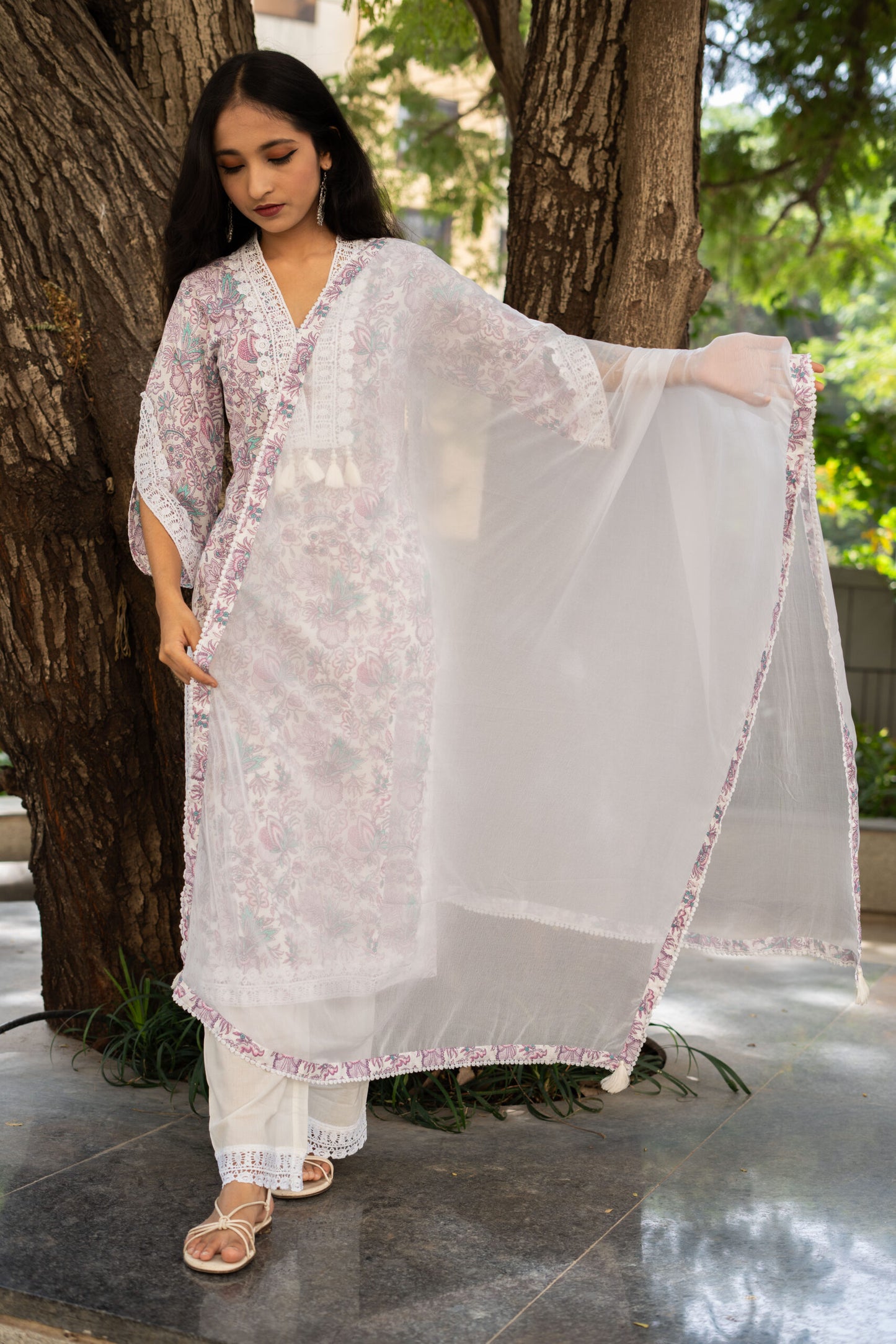 Lavender Lily Lace Straight Kurta Set With Dupatta