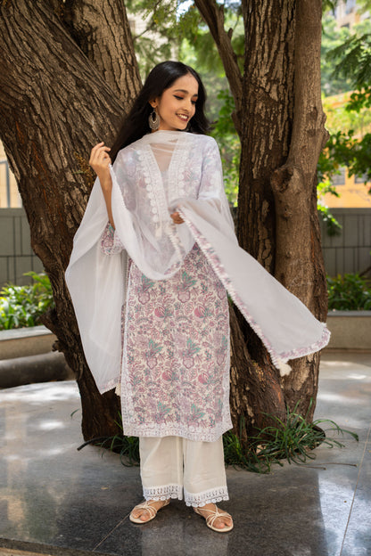 Lavender Lily Lace Straight Kurta Set With Dupatta