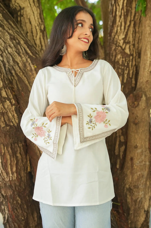 Blossom Belle Embroidered Kurti - White