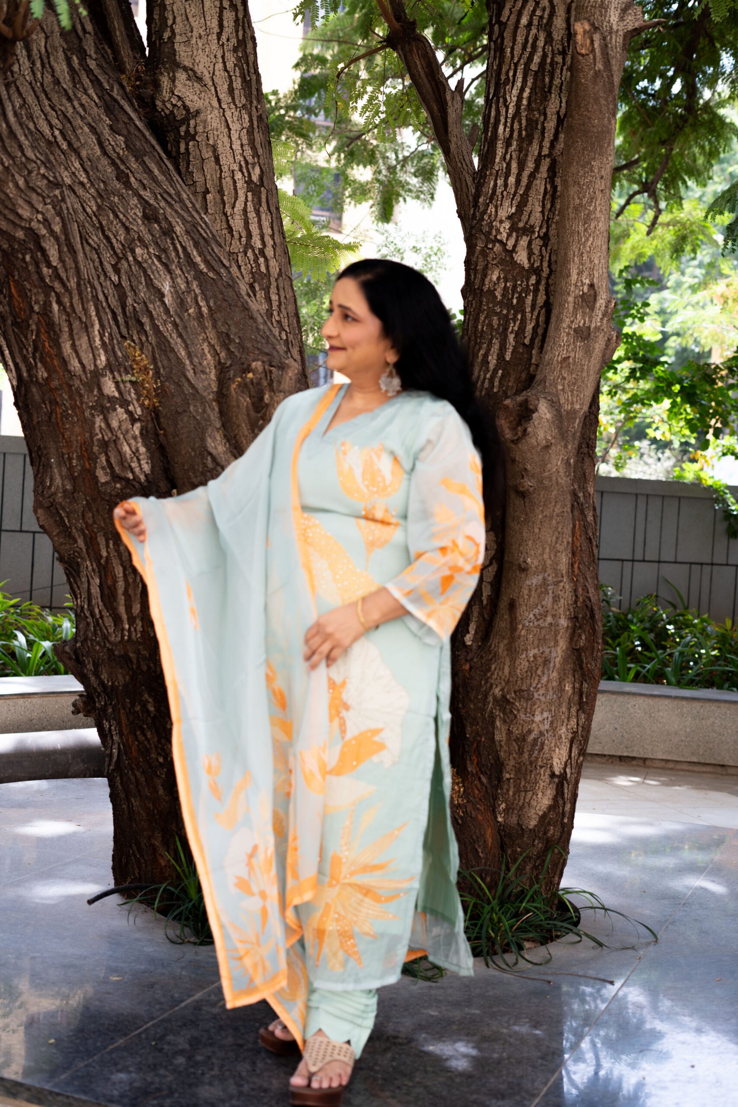 Aqua Sea Corals Straight Kurta Set With Dupatta