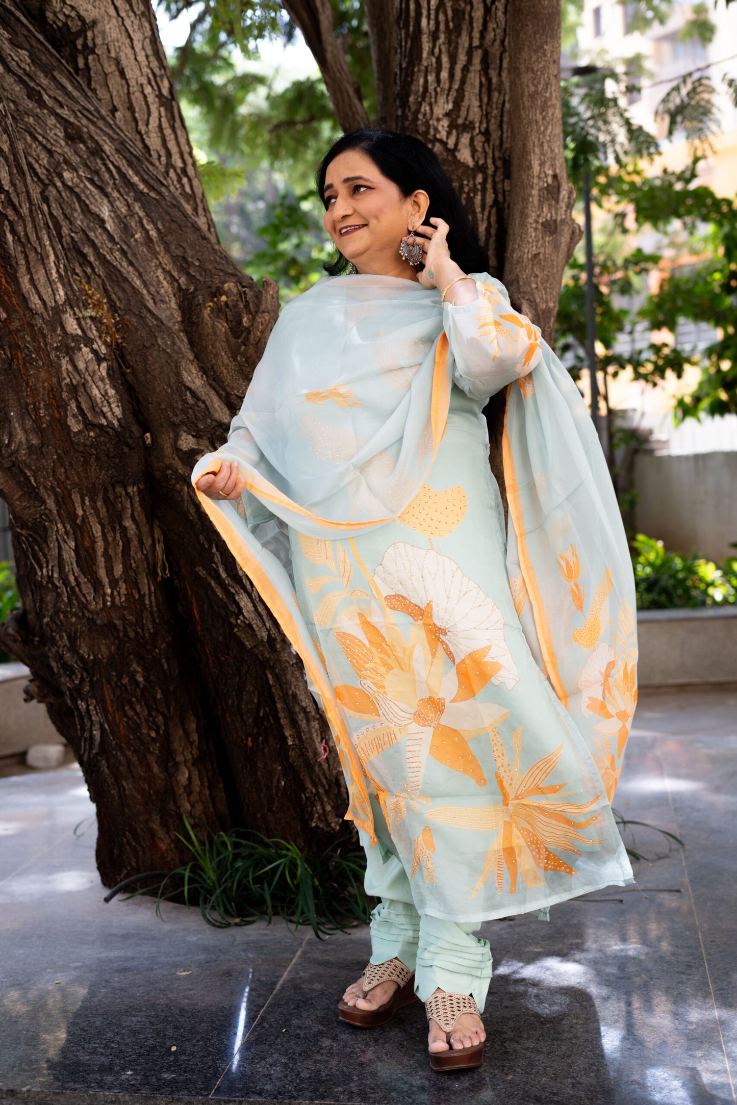 Aqua Sea Corals Straight Kurta Set With Dupatta