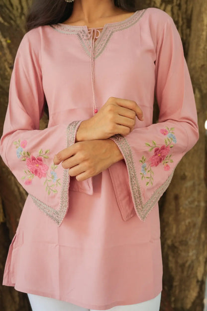 Blossom Belle Embroidered Kurti - Pastel Pink
