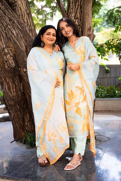 Aqua Sea Corals Straight Kurta Set With Dupatta