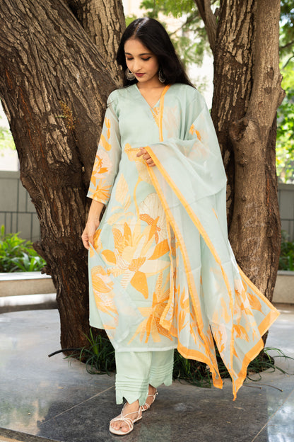 Aqua Sea Corals Straight Kurta Set With Dupatta