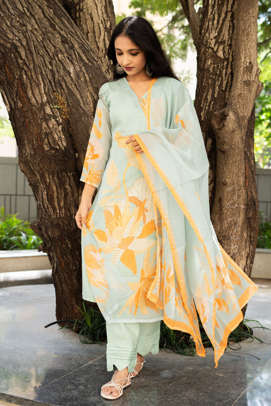 Aqua Sea Corals Straight Kurta Set With Dupatta