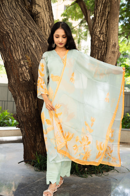 Aqua Sea Corals Straight Kurta Set With Dupatta