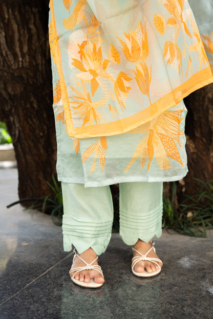 Aqua Sea Corals Straight Kurta Set With Dupatta