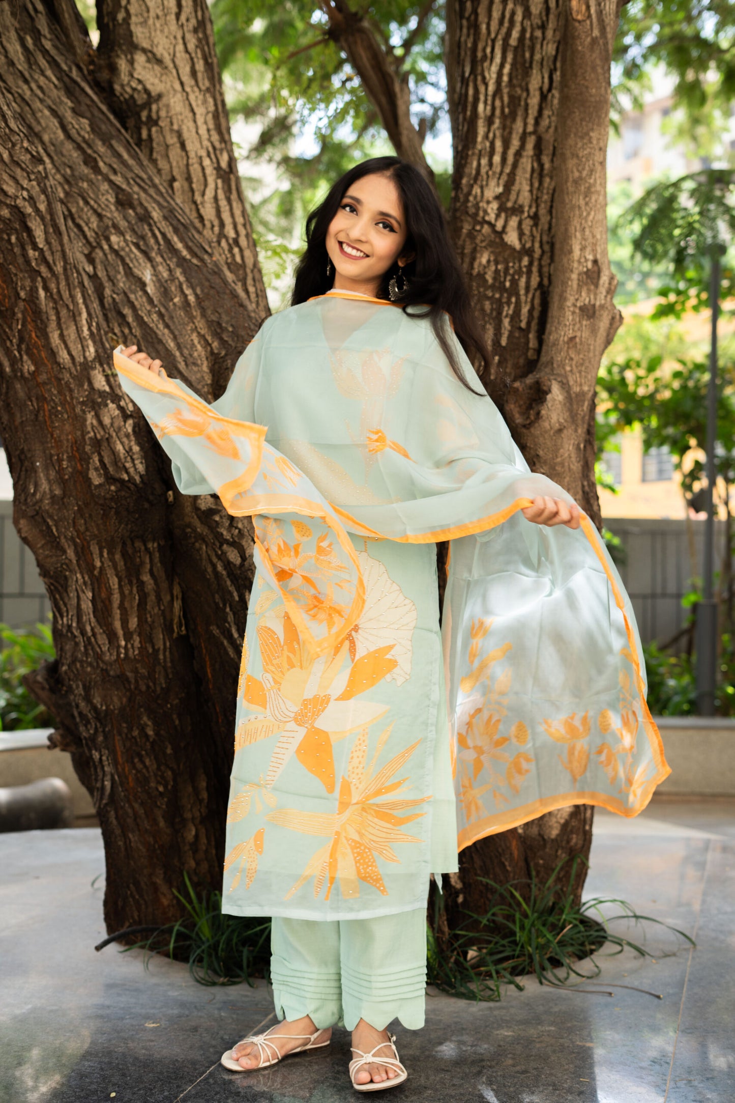 Aqua Sea Corals Straight Kurta Set With Dupatta