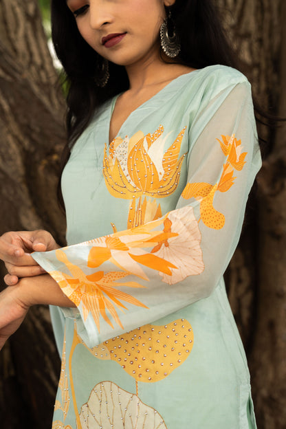 Aqua Sea Corals Straight Kurta Set With Dupatta