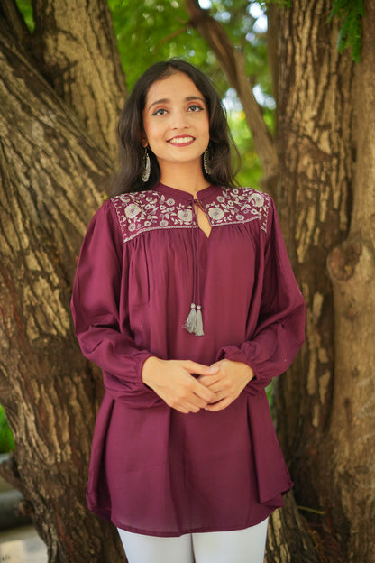 Floral Garnet Embroidered Kurti - Maroon