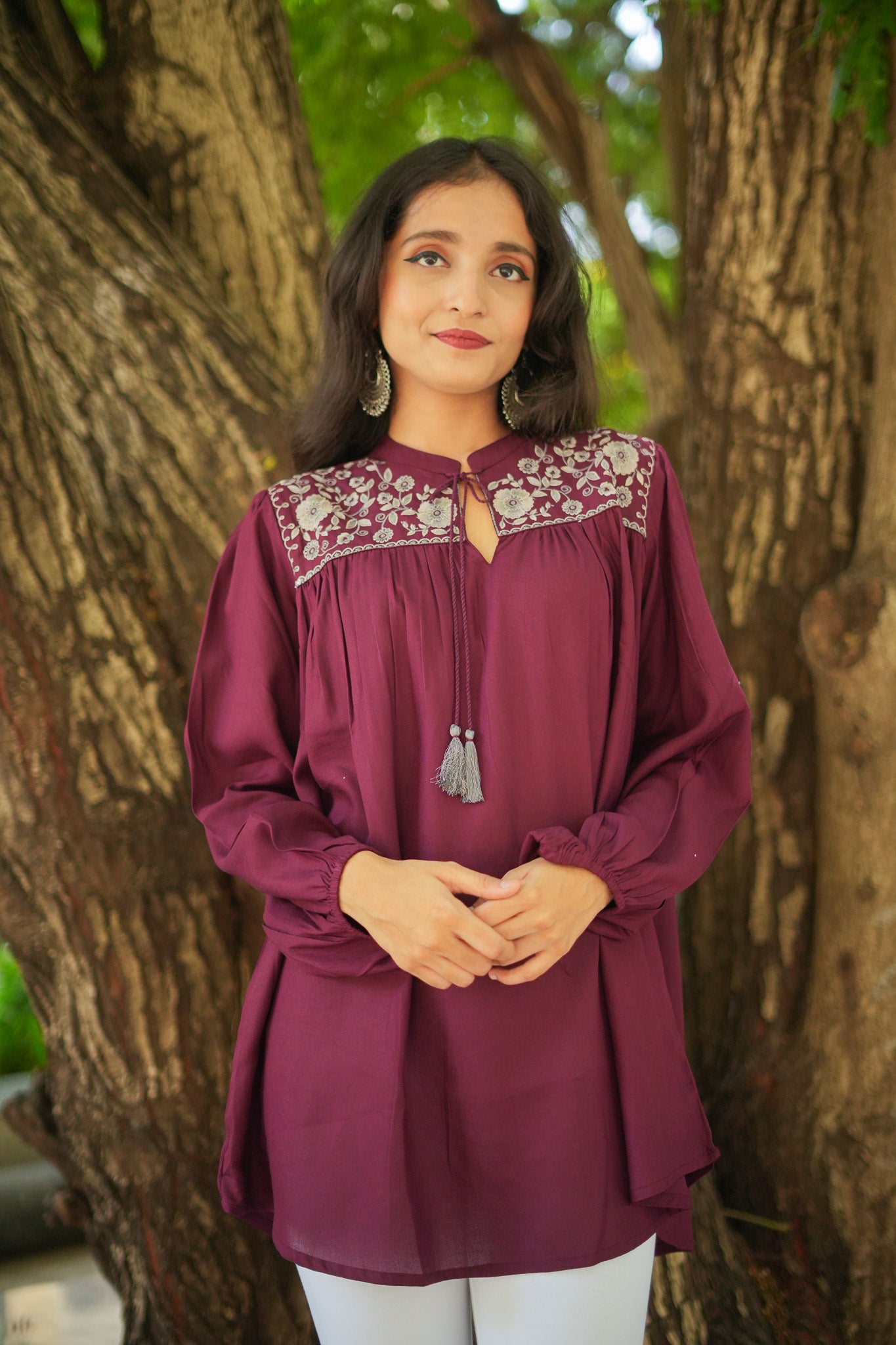 Floral Garnet Embroidered Kurti - Maroon