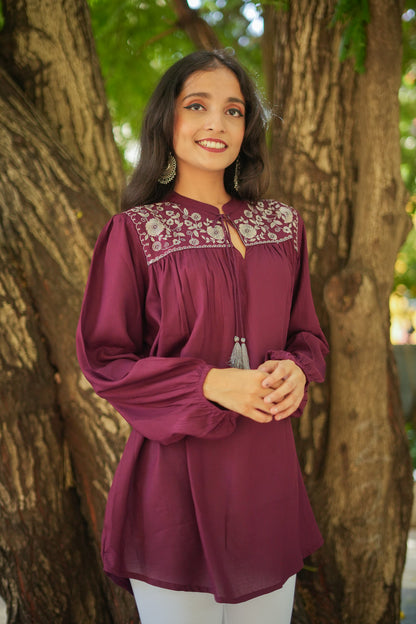 Floral Garnet Embroidered Kurti - Maroon