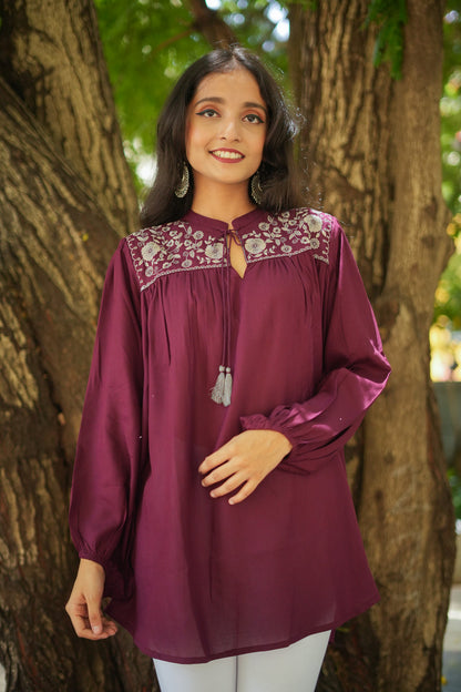 Floral Garnet Embroidered Kurti - Maroon