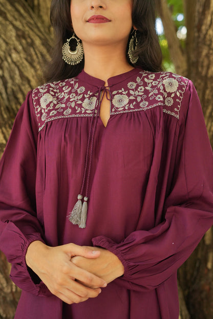 Floral Garnet Embroidered Kurti - Maroon