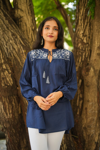 Floral Garnet Embroidered Kurti - Blue