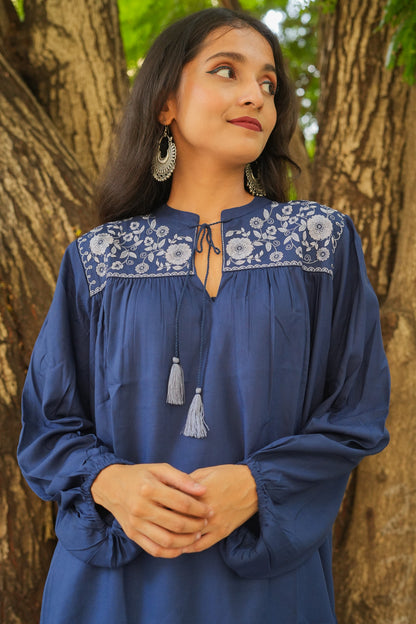 Floral Garnet Embroidered Kurti - Blue